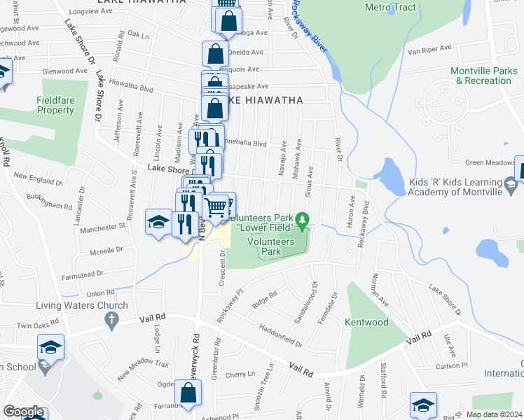 map of restaurants, bars, coffee shops, grocery stores, and more near 7 Wenonah Avenue in Parsippany-Troy Hills