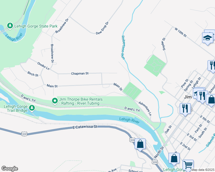 map of restaurants, bars, coffee shops, grocery stores, and more near 391 Main Street in Jim Thorpe