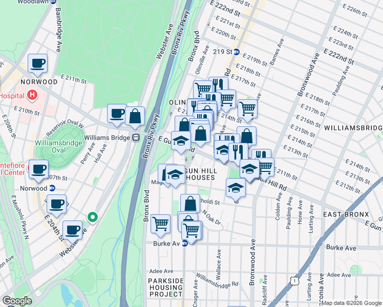 map of restaurants, bars, coffee shops, grocery stores, and more near 3490 White Plains Road in The Bronx