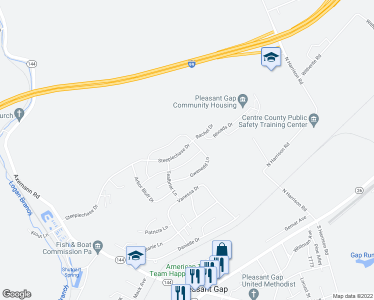 map of restaurants, bars, coffee shops, grocery stores, and more near 271 Steeplechase Drive in Bellefonte
