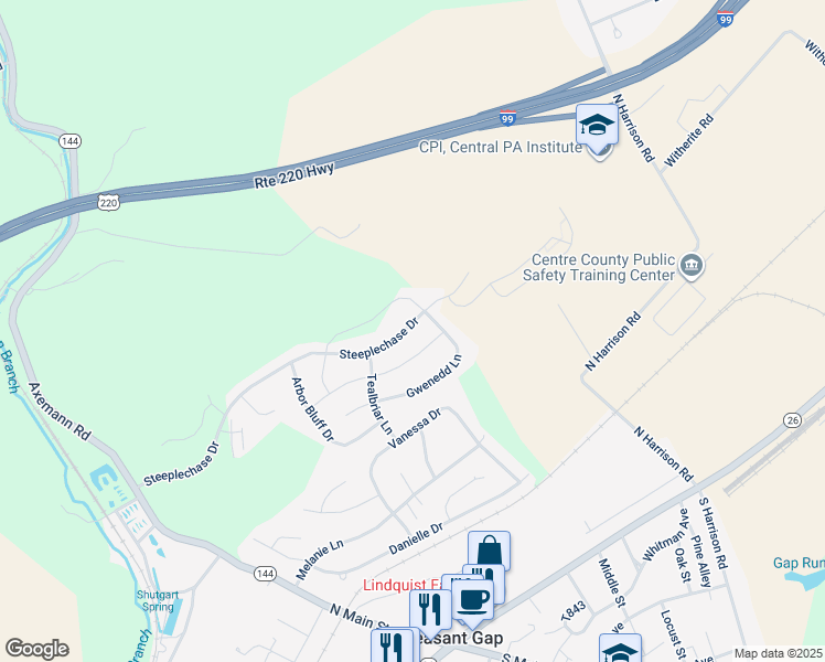 map of restaurants, bars, coffee shops, grocery stores, and more near 271 Steeplechase Drive in Bellefonte