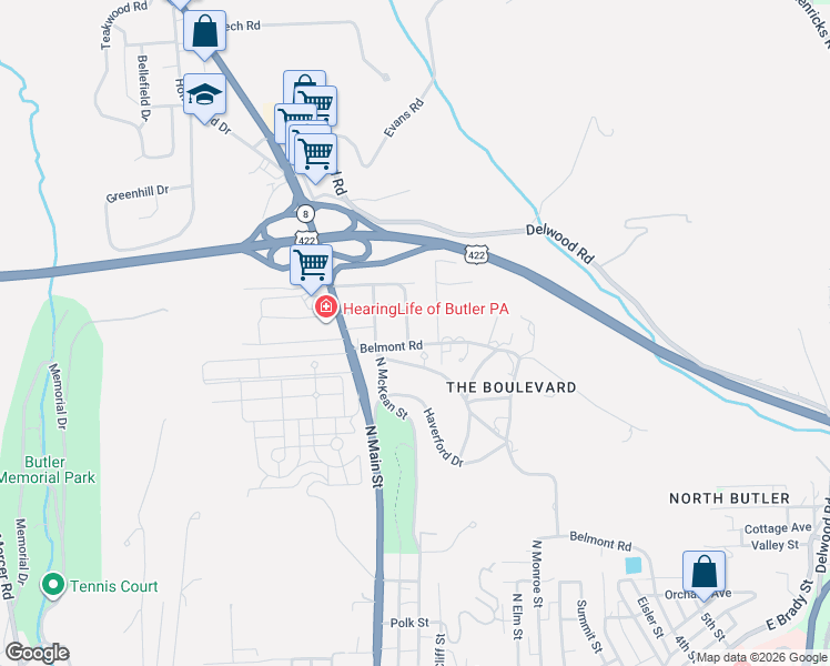 map of restaurants, bars, coffee shops, grocery stores, and more near 220 Belmont Road in Butler