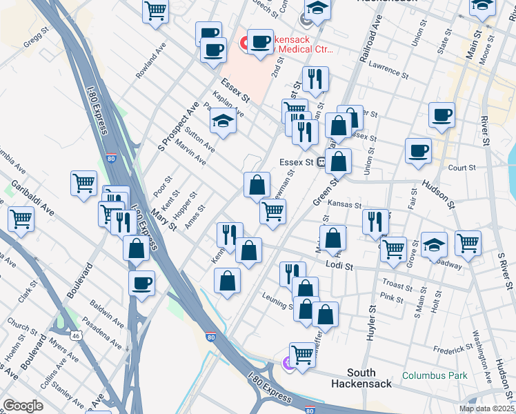 map of restaurants, bars, coffee shops, grocery stores, and more near 131 South Newman Street in Hackensack