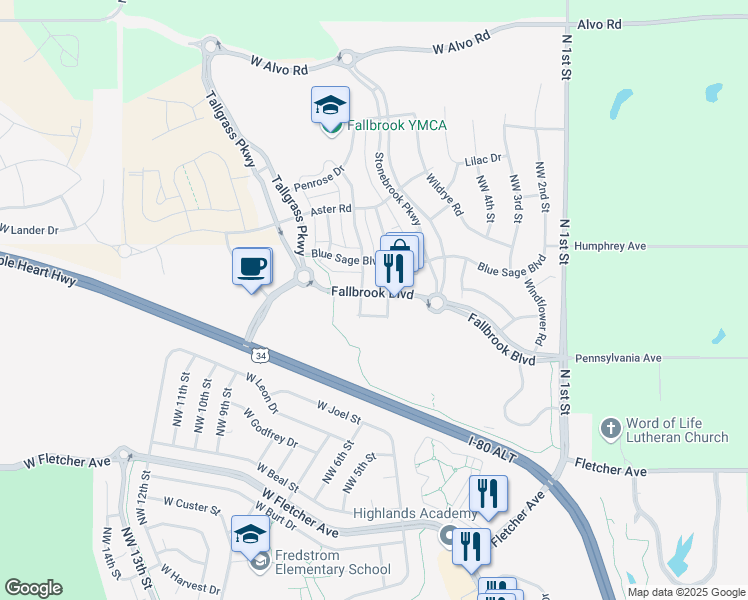 map of restaurants, bars, coffee shops, grocery stores, and more near Northwest 7th Street in Lincoln