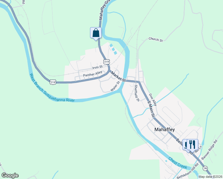 map of restaurants, bars, coffee shops, grocery stores, and more near 3104 Water Street in Mahaffey