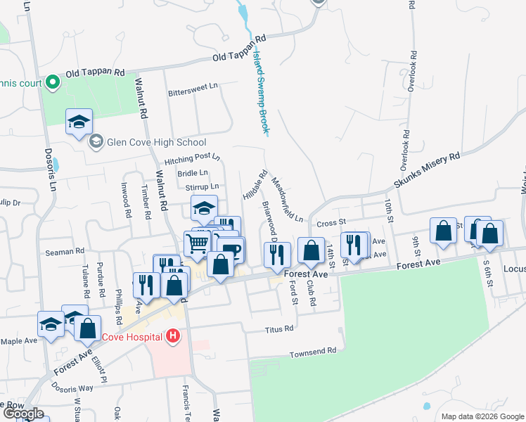 map of restaurants, bars, coffee shops, grocery stores, and more near 18 Driftwood Drive in Glen Cove