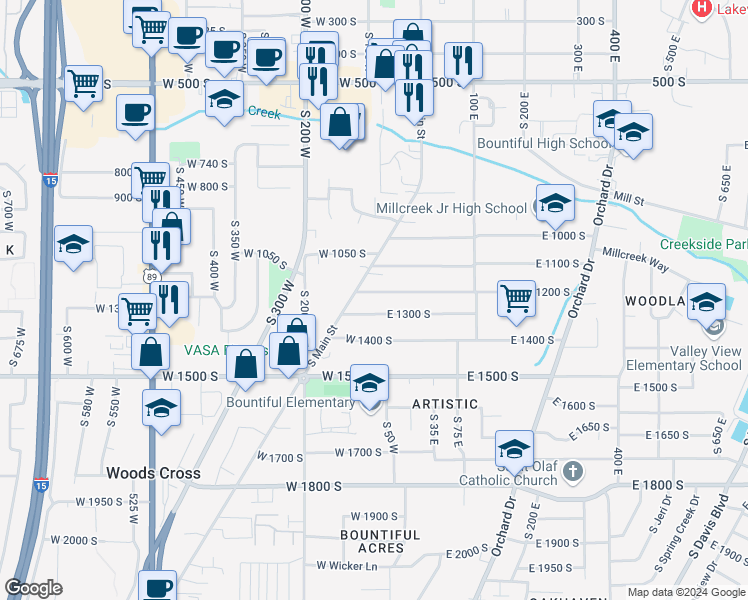 map of restaurants, bars, coffee shops, grocery stores, and more near 59 West 1300 South in Bountiful