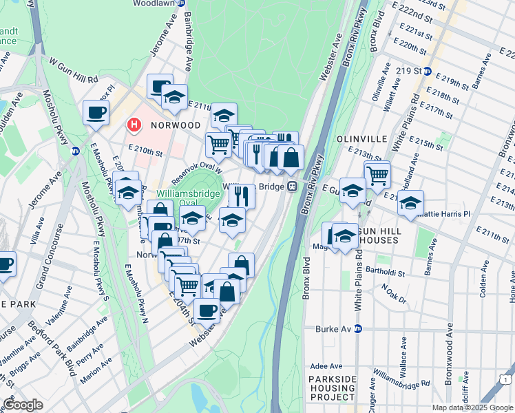 map of restaurants, bars, coffee shops, grocery stores, and more near in The Bronx