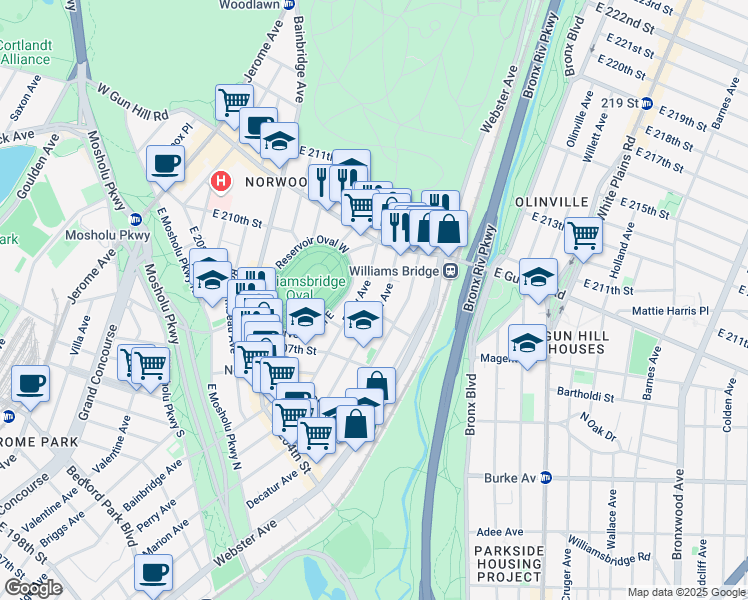 map of restaurants, bars, coffee shops, grocery stores, and more near in The Bronx