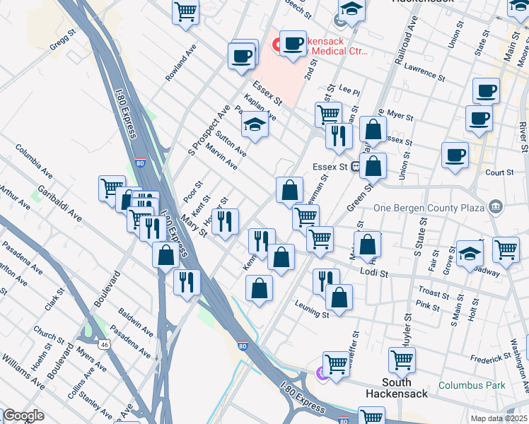 map of restaurants, bars, coffee shops, grocery stores, and more near 216 Charles Street in Hackensack