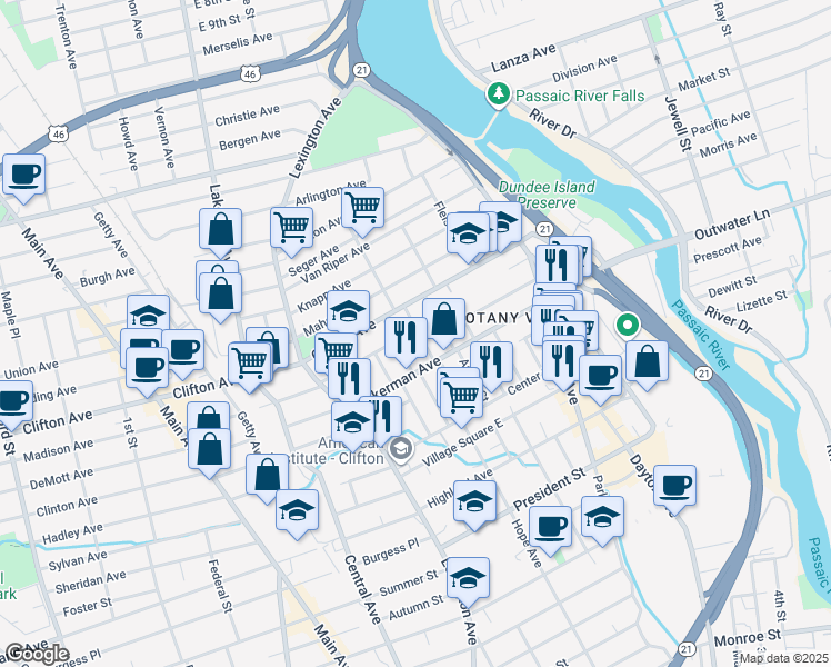 map of restaurants, bars, coffee shops, grocery stores, and more near 13 Sears Place in Clifton