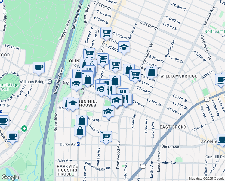 map of restaurants, bars, coffee shops, grocery stores, and more near 771 East Gun Hill Road in Bronx