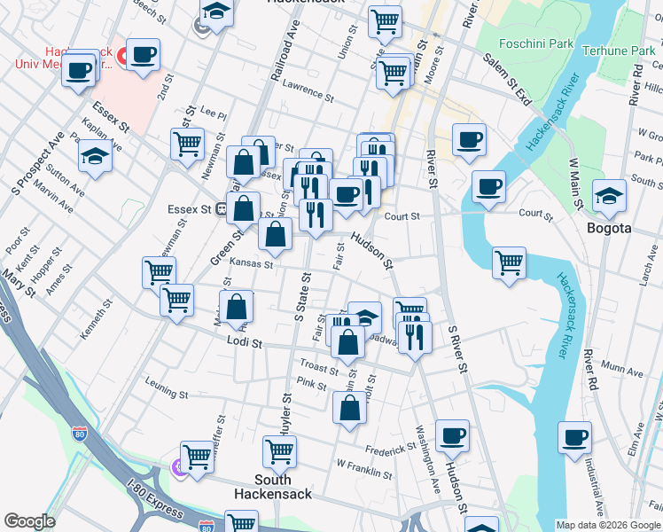 map of restaurants, bars, coffee shops, grocery stores, and more near 61 East Kansas Street in Hackensack