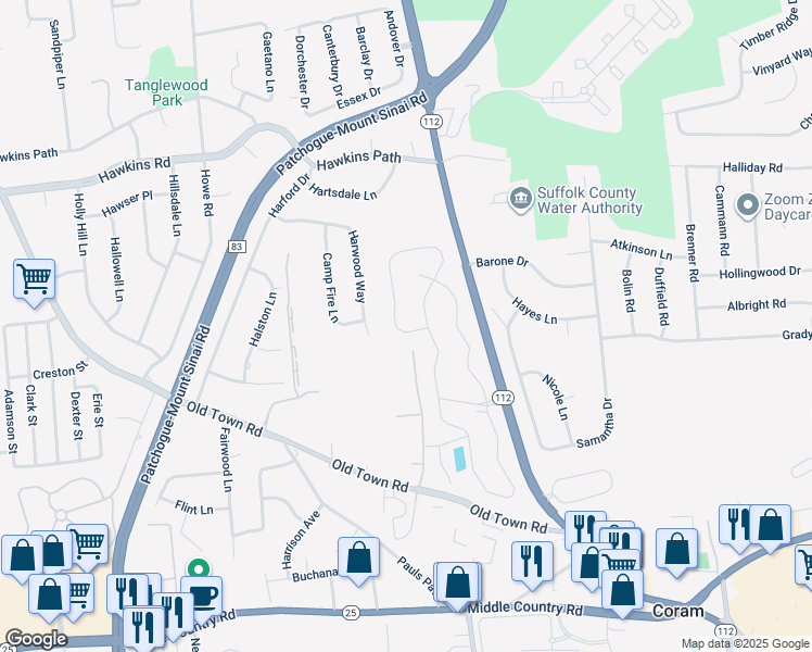 map of restaurants, bars, coffee shops, grocery stores, and more near 3203 Townehouse Drive in Coram