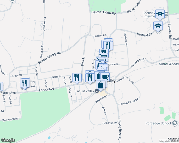map of restaurants, bars, coffee shops, grocery stores, and more near 32 Ash Street in Locust Valley