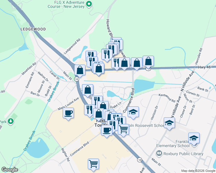 map of restaurants, bars, coffee shops, grocery stores, and more near 70 Drake Lane in Roxbury Township