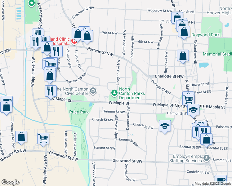 map of restaurants, bars, coffee shops, grocery stores, and more near 801 West Maple Street in North Canton