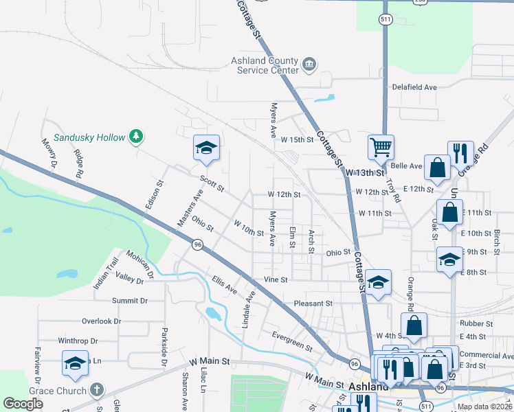 map of restaurants, bars, coffee shops, grocery stores, and more near 1014 Myers Avenue in Ashland