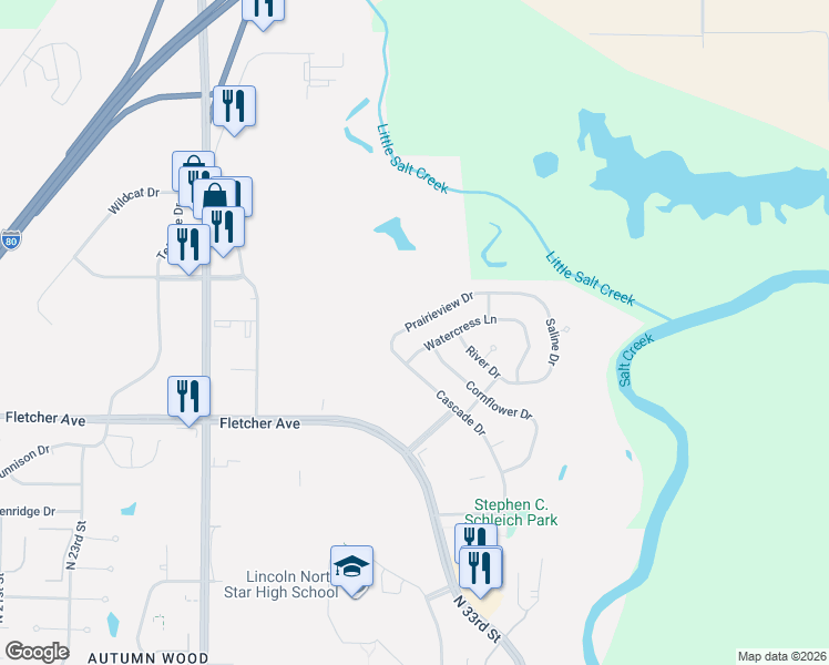 map of restaurants, bars, coffee shops, grocery stores, and more near 3207 Watercress Lane in Lincoln