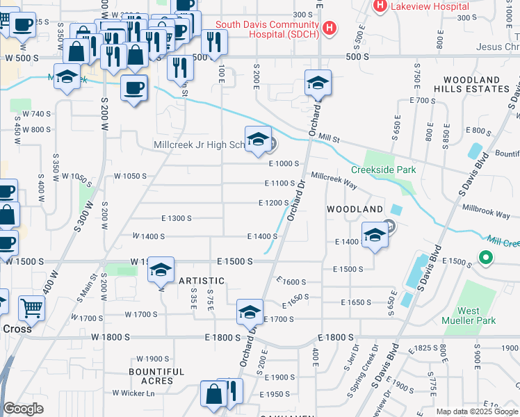 map of restaurants, bars, coffee shops, grocery stores, and more near 201 East 1400 South in Bountiful