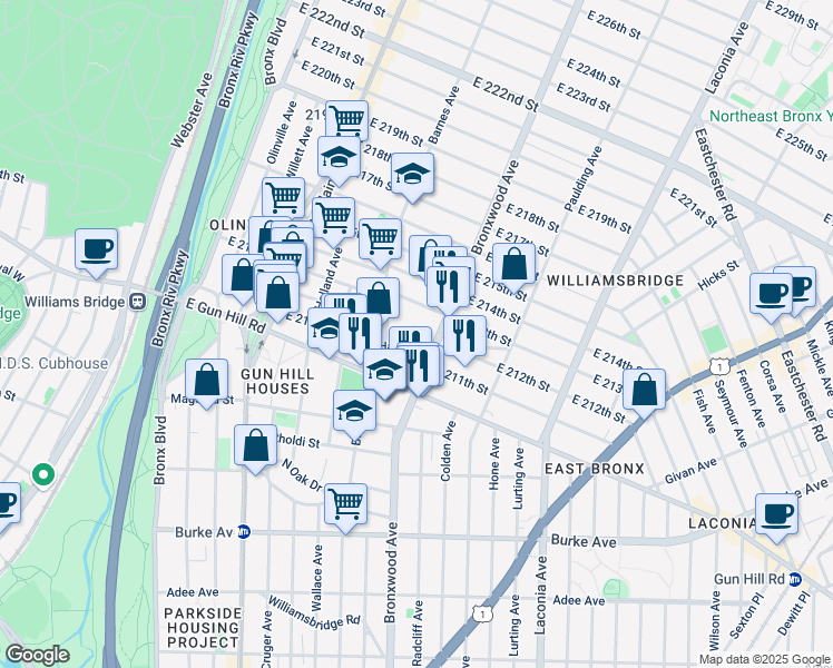 map of restaurants, bars, coffee shops, grocery stores, and more near in The Bronx
