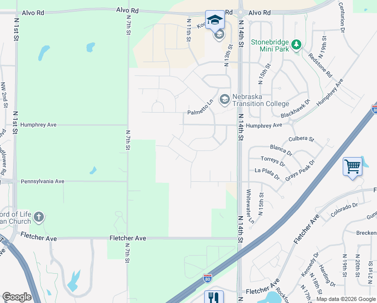 map of restaurants, bars, coffee shops, grocery stores, and more near 6460 North 11th Street in Lincoln