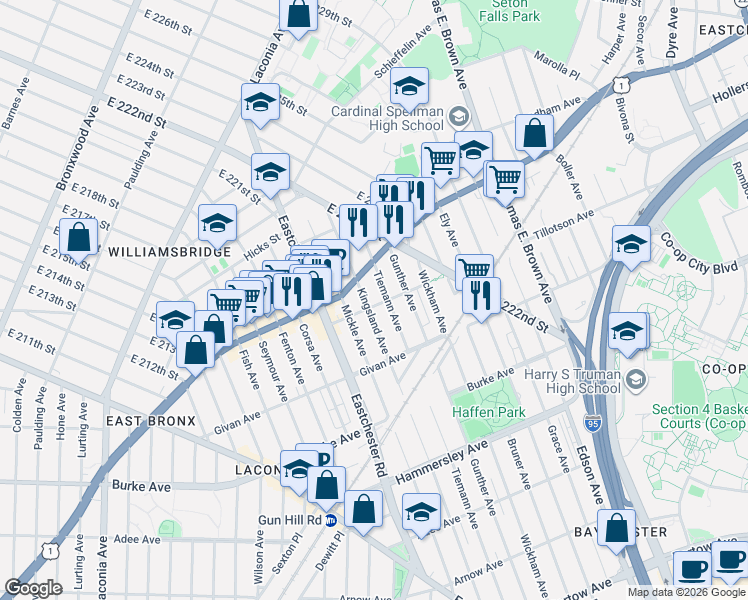 map of restaurants, bars, coffee shops, grocery stores, and more near 3337 Tiemann Avenue in Bronx