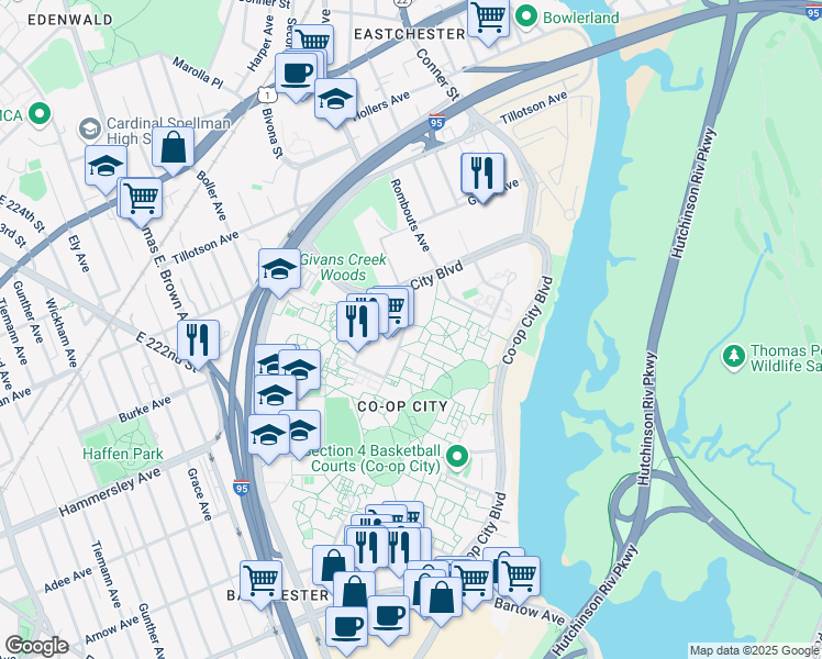 map of restaurants, bars, coffee shops, grocery stores, and more near 120 Dreiser Loop in Bronx