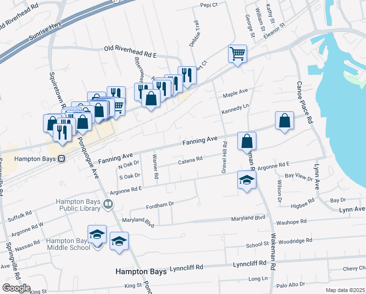 map of restaurants, bars, coffee shops, grocery stores, and more near 47A Fanning Avenue in Hampton Bays