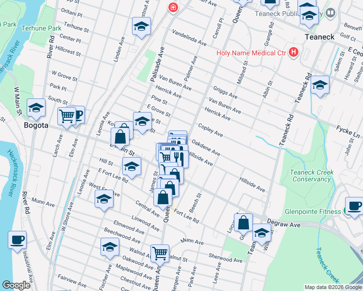 map of restaurants, bars, coffee shops, grocery stores, and more near 271 Queens Court in Teaneck