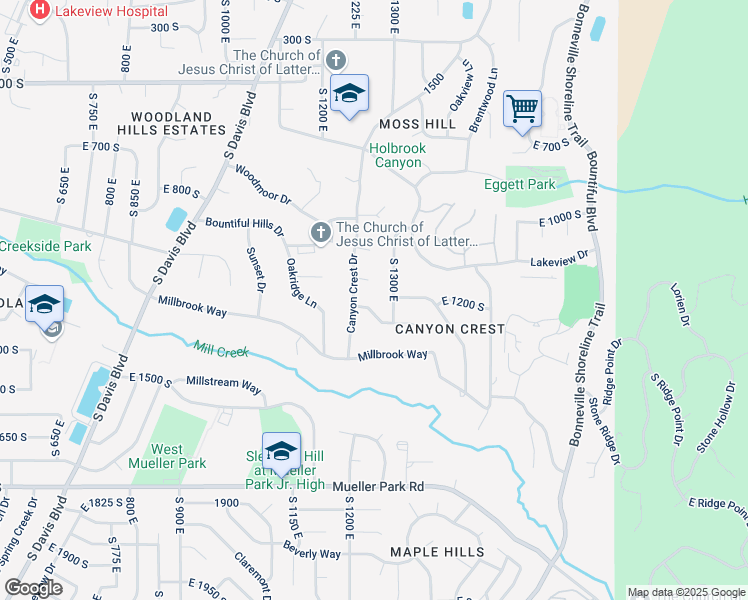 map of restaurants, bars, coffee shops, grocery stores, and more near 1051 1250 in Bountiful