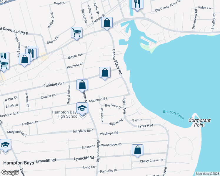 map of restaurants, bars, coffee shops, grocery stores, and more near 5 Carter Road in Hampton Bays