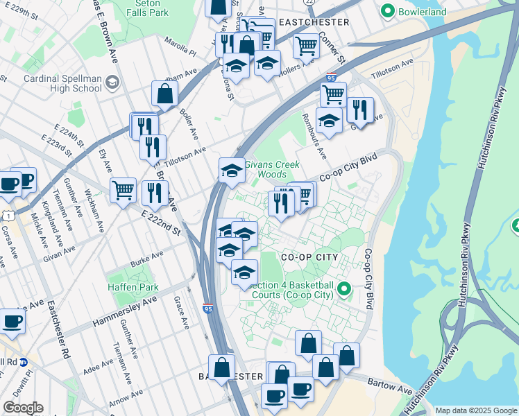 map of restaurants, bars, coffee shops, grocery stores, and more near 148-83-148-99 Darrow Place in Bronx