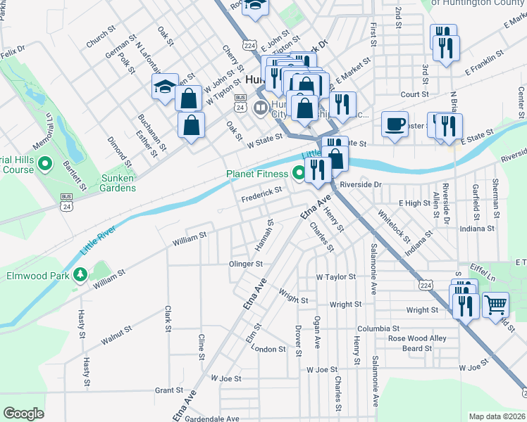 map of restaurants, bars, coffee shops, grocery stores, and more near 323 Hannah Street in Huntington