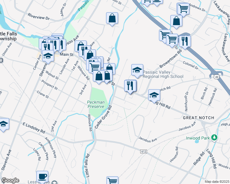 map of restaurants, bars, coffee shops, grocery stores, and more near 101 East Main Street in Little Falls