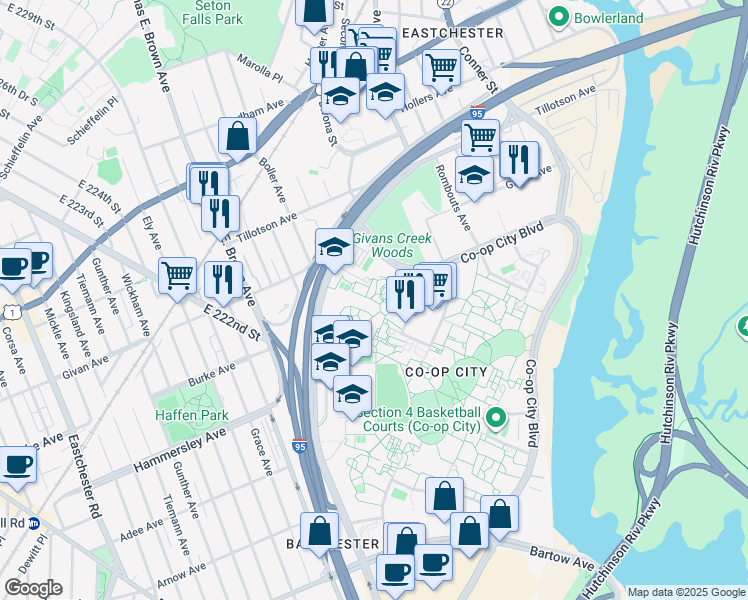 map of restaurants, bars, coffee shops, grocery stores, and more near 148-83-148-99 Darrow Place in Bronx