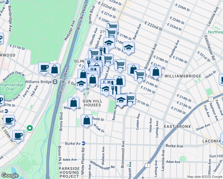 map of restaurants, bars, coffee shops, grocery stores, and more near 3554 Carlisle Place in Bronx