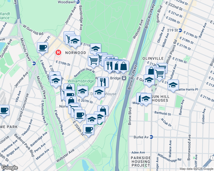 map of restaurants, bars, coffee shops, grocery stores, and more near 3346 Hull Avenue in Bronx