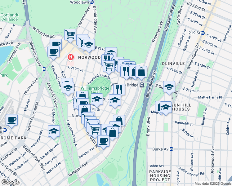 map of restaurants, bars, coffee shops, grocery stores, and more near 3335 Perry Avenue in The Bronx