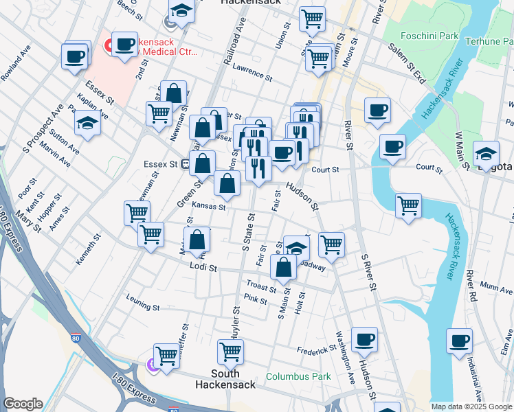 map of restaurants, bars, coffee shops, grocery stores, and more near in Hackensack