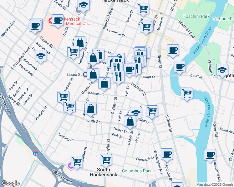 map of restaurants, bars, coffee shops, grocery stores, and more near in Hackensack