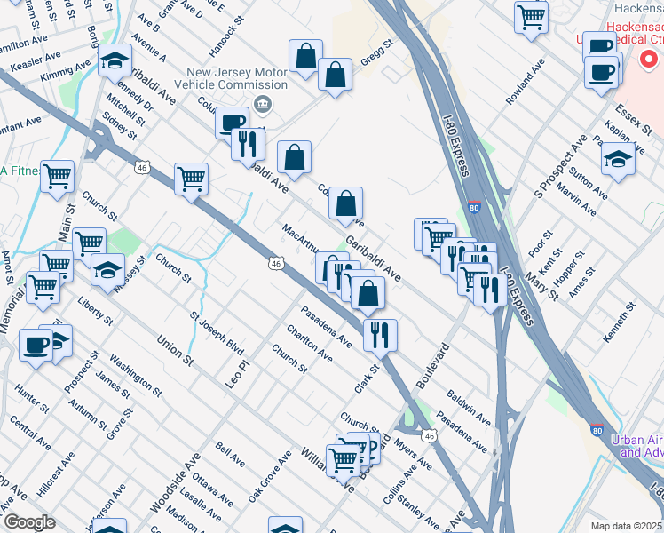 map of restaurants, bars, coffee shops, grocery stores, and more near Garibaldi Avenue in Lodi