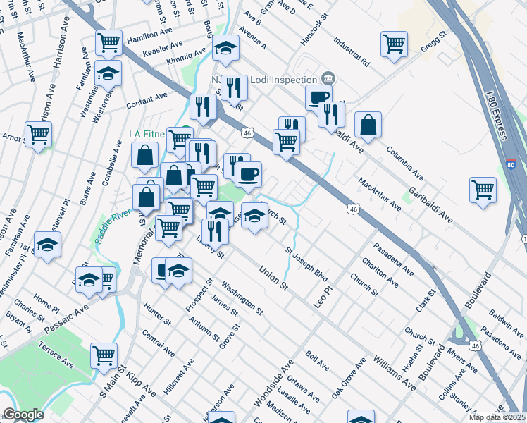 map of restaurants, bars, coffee shops, grocery stores, and more near 100 Church Street in Lodi