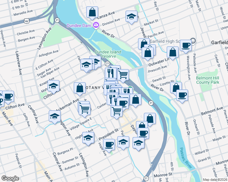 map of restaurants, bars, coffee shops, grocery stores, and more near 93 Randolph Avenue in Clifton