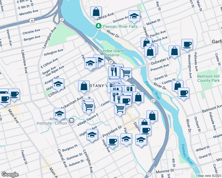 map of restaurants, bars, coffee shops, grocery stores, and more near 93 Randolph Avenue in Clifton