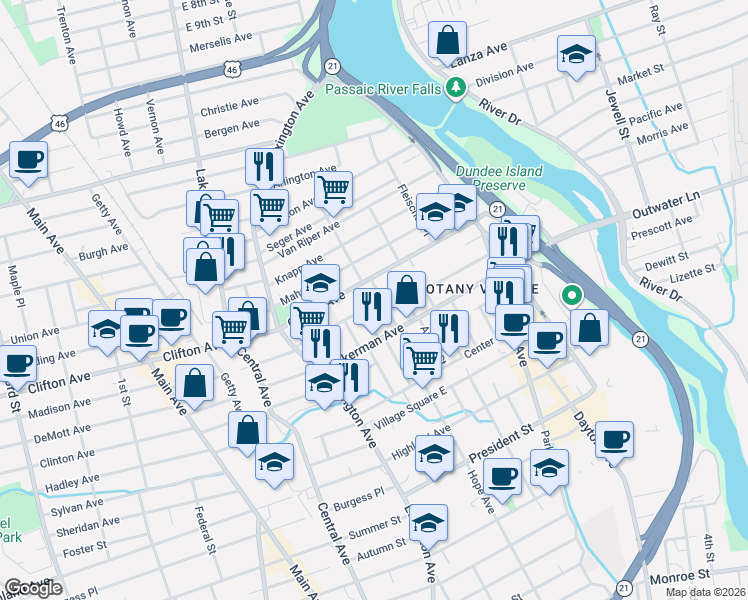 map of restaurants, bars, coffee shops, grocery stores, and more near 109 Clifton Avenue in Clifton