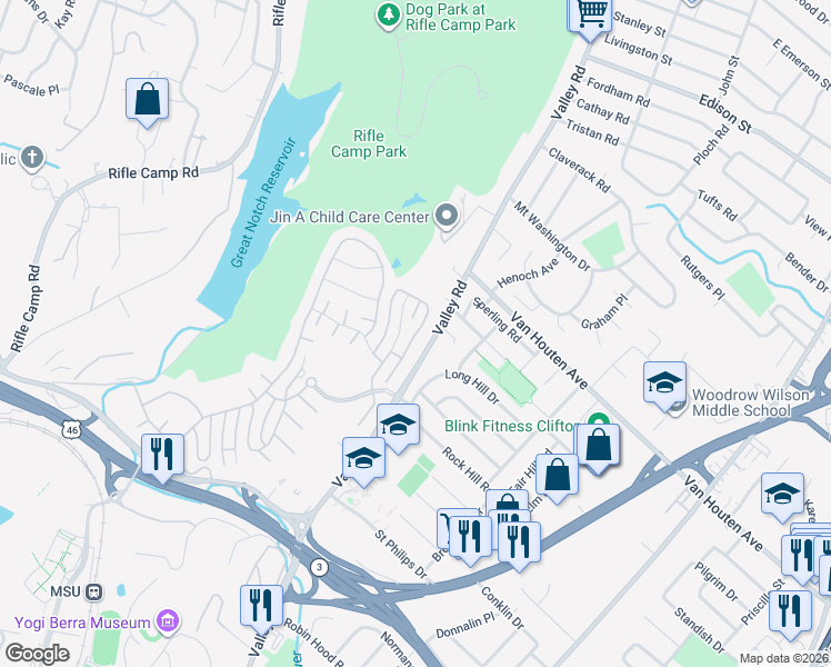 map of restaurants, bars, coffee shops, grocery stores, and more near 57 Talus Road in Clifton