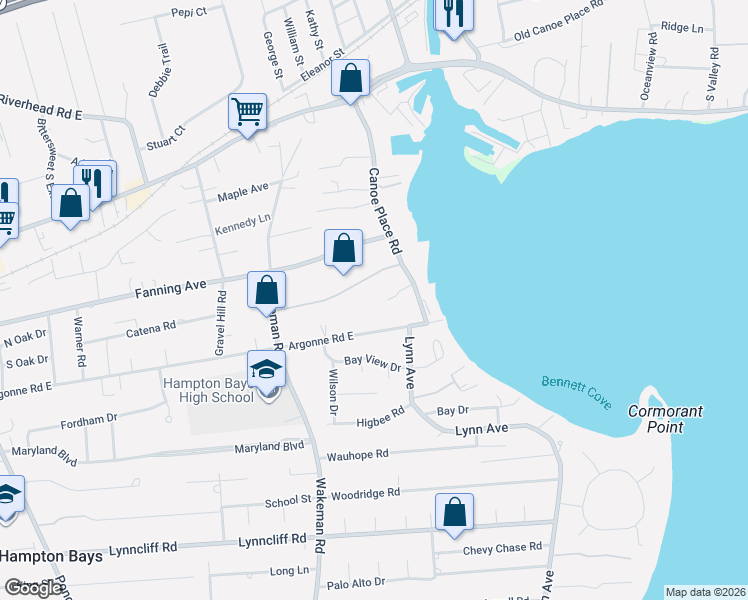 map of restaurants, bars, coffee shops, grocery stores, and more near 5 Carter Road in Hampton Bays