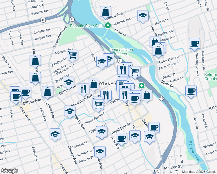map of restaurants, bars, coffee shops, grocery stores, and more near 149 Ackerman Avenue in Clifton