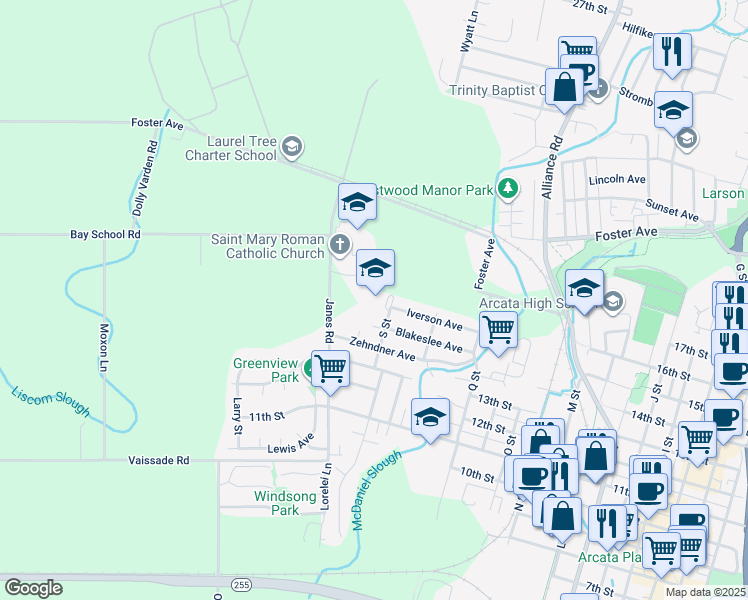 map of restaurants, bars, coffee shops, grocery stores, and more near 1897 S Street in Arcata